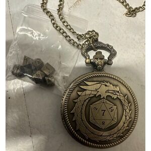 7pcs Polyhedral Metal Dice Set with Dragon Pattern Pocket Watch Shell Case -New